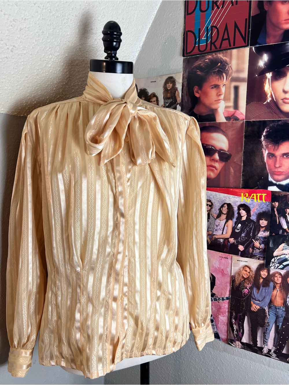 Women's Cream Satin Tie-Neck Blouse with Subtle Stripe